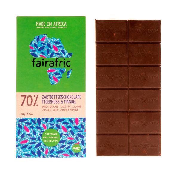 Fairafric Zartbitterschokolade &amp; Tigernuss &amp; Mandel 70%, BIO, 80g