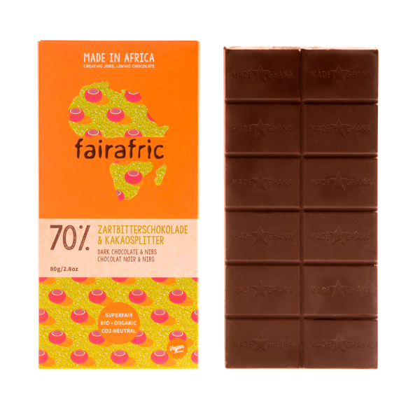 Fairafric Zartbitterschokolade &amp; Kakao Nibs 70%, BIO, 80g